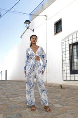 Top verano manga larga azul y blanco luna llena