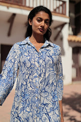 vestido camisero estampado en toso azul y natural