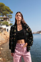 chaqueta kimono color negro bordado flores