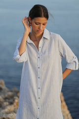 vestido camisero algodón estampado rayitas azul