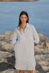 vestido camisero algodon estampado rayitas combi color azul