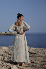 vestido de algodon estampado rayitas de corte largo