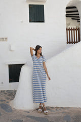 vestido rayas combinado natural con color azul con manga corta y escote pico