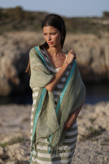 vestdio rayas combinado color antural con verde escote pico y manga corta