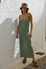 vestido de corte midi y tirantes con rayitas en color verde