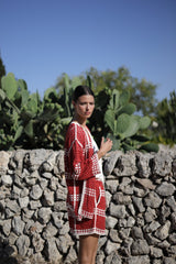 conjunto de chaqueta abierta y pantlon corto en tejido de aalgodon combinado en color rojo y natural