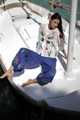 pantalon de verano en color azul bordado cactus