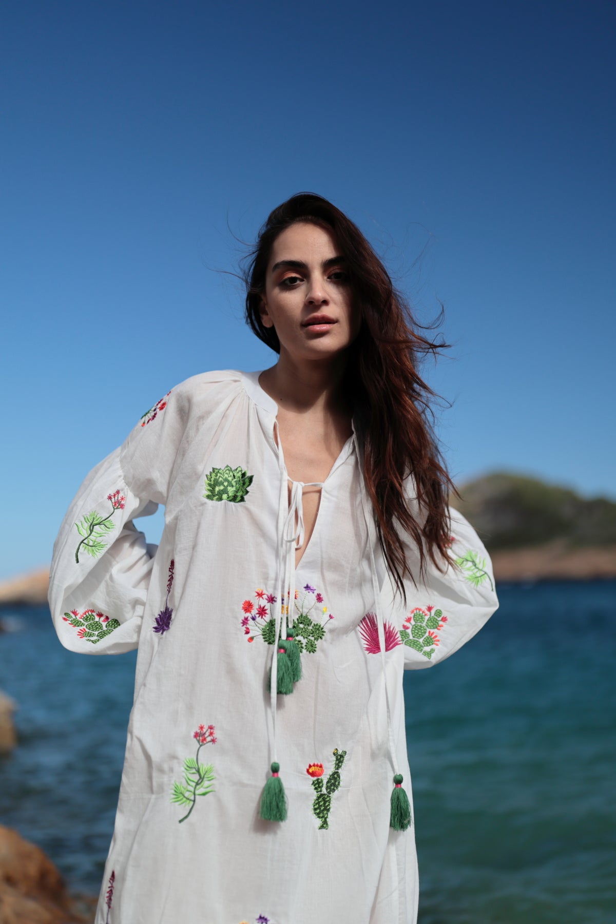 Maxivestido De Playa Para Mujer, Estilo Bohemio, Cuello En V Profundo, Plisado, Floral, Manga Abombada, Vestido Largo De Gasa Con Cinturón, Rosa Encendido