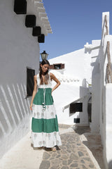 vestdido largo sin mangas escote en pico estampado palmetas en color verde combinado con blanco