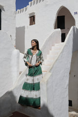 falda larga de algodon estampado palmeras combinado con la chaqueta de la misma coleccion de estampado palmeras