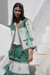 conjunto de falda larga y chaqueta de algodon estampado palmeras en tonos verde y natural