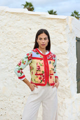 chaqueta de algodon estampado flores con ribete en color rojo manga larga
