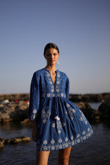 Vestido Corto look boho en azul marino con bordado